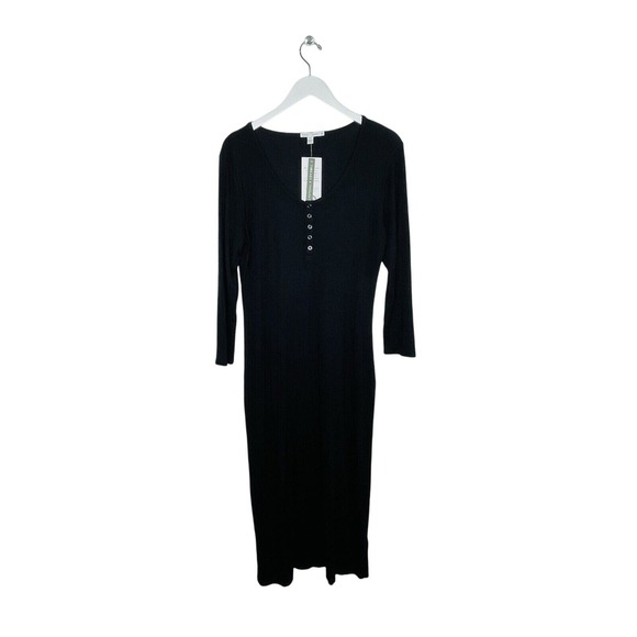 THREADS 4 THOUGHT Black Large Ribbed Henley Dress 3/4 Sleeve Slit Midi Size XL - Picture 1 of 4